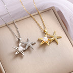 Full Rhinestone Zircon Sea Summer Star Pearl Pendant Titanium Steel Ladies Clavicle Chain
