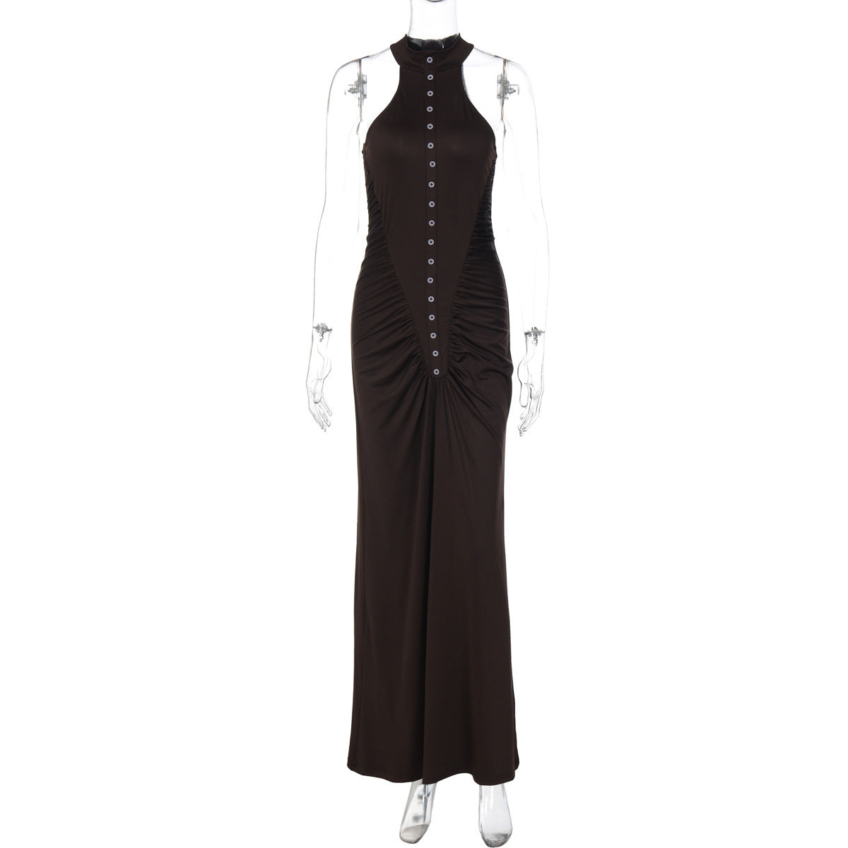 Fashionable Slim-fit Creased Button Round Neck Sleeveless Dress