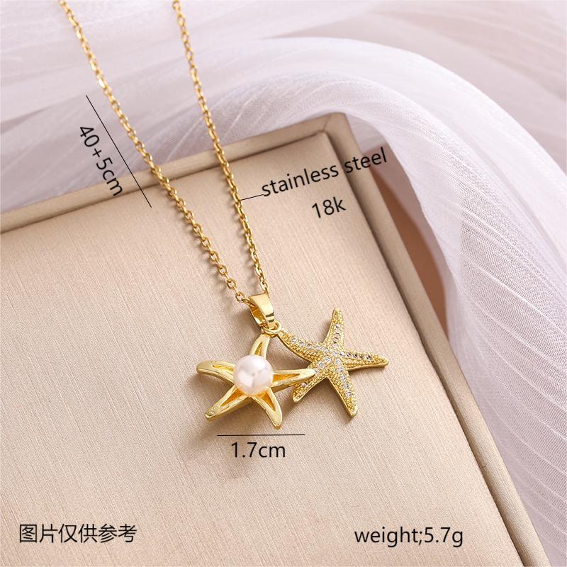 Full Rhinestone Zircon Sea Summer Star Pearl Pendant Titanium Steel Ladies Clavicle Chain