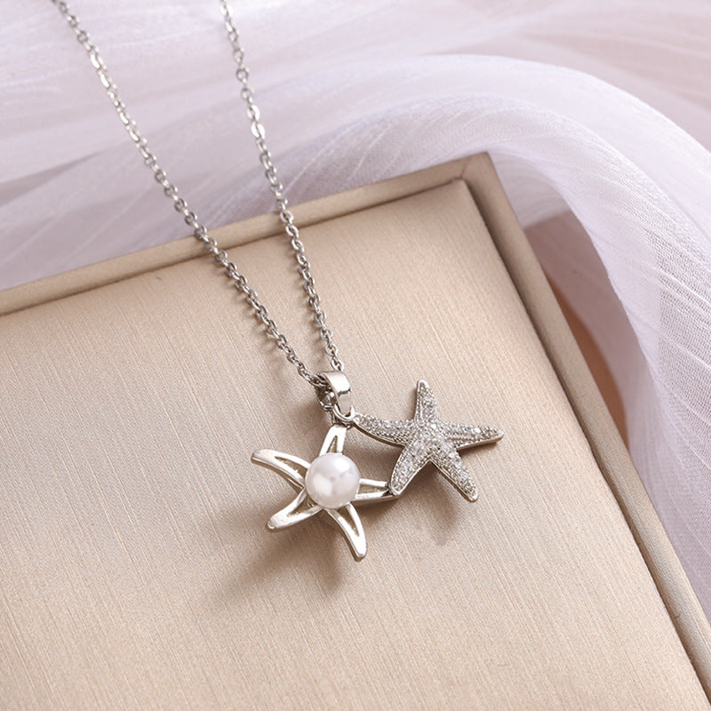 Full Rhinestone Zircon Sea Summer Star Pearl Pendant Titanium Steel Ladies Clavicle Chain