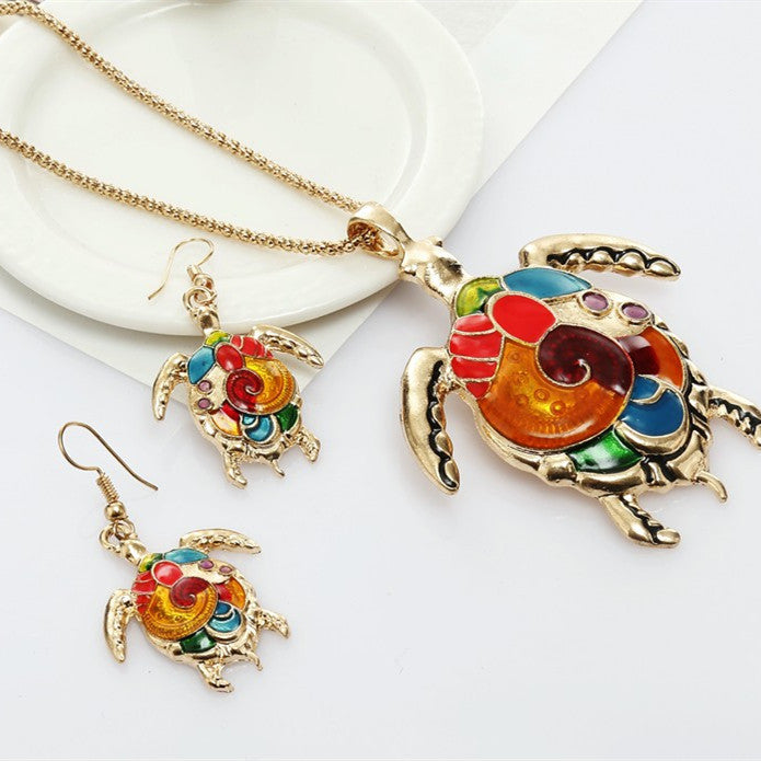 High Profile Fashion Punk Dripping Oil Rainbow Turtle Necklace And Earrings Suite