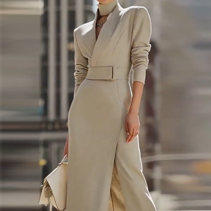 Autumn Elegant V-neck Slim Fit Medium Long Sheath Slit Fashionable Dress For Women