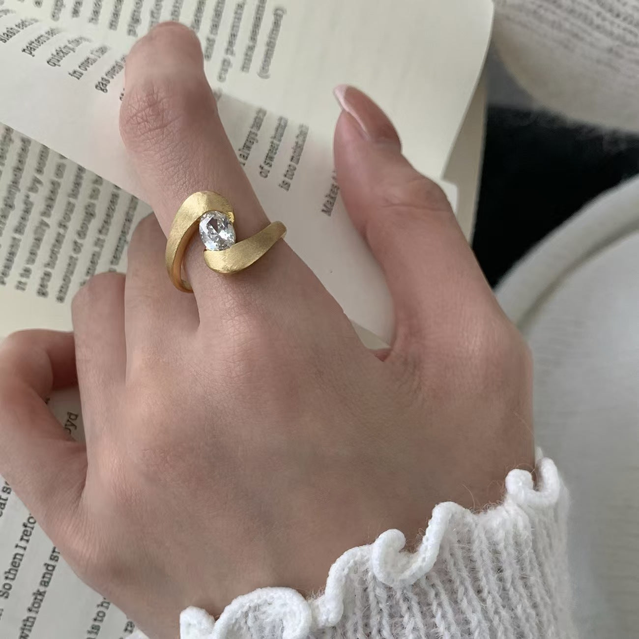 Irregular With Personality Brushed Zinc Alloy Ring Female Niche Inlaid Zircon