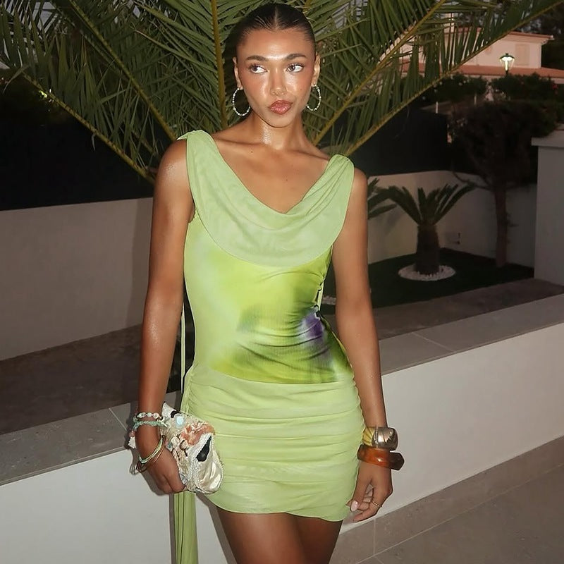 Fashion Sexy Print Backless Lace-up Sheath Pleated Dress