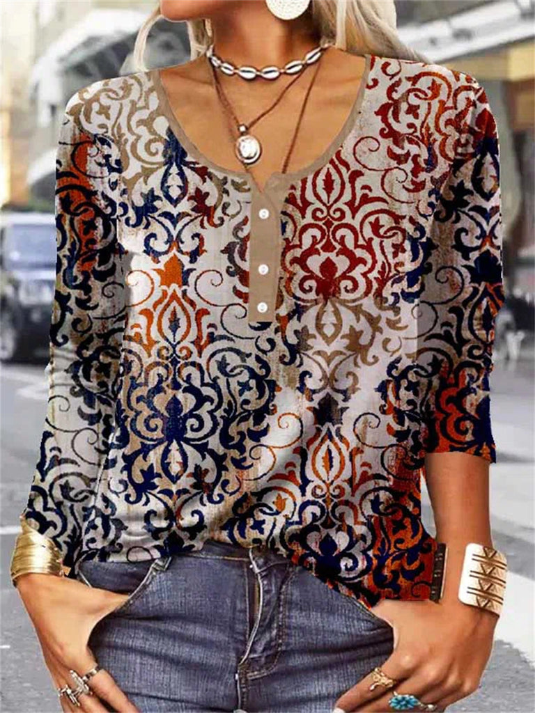 Loose Long Sleeve Geometric Floral U-neck Button