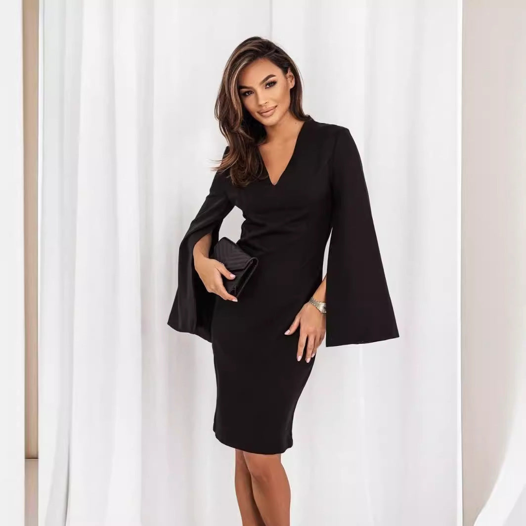 Fashionable With Side-slit Long Sleeve Solid Color Slim Dress For Women