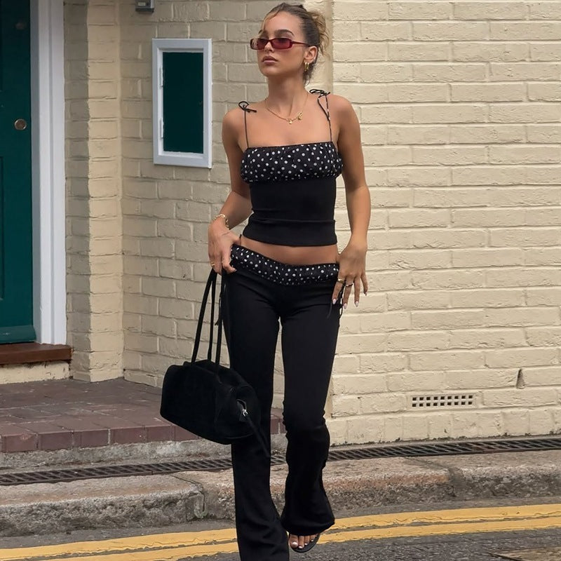 Fashion Polka-dot Self-tie Vest Slim-fit Low Waist Bootcut Pants Suit
