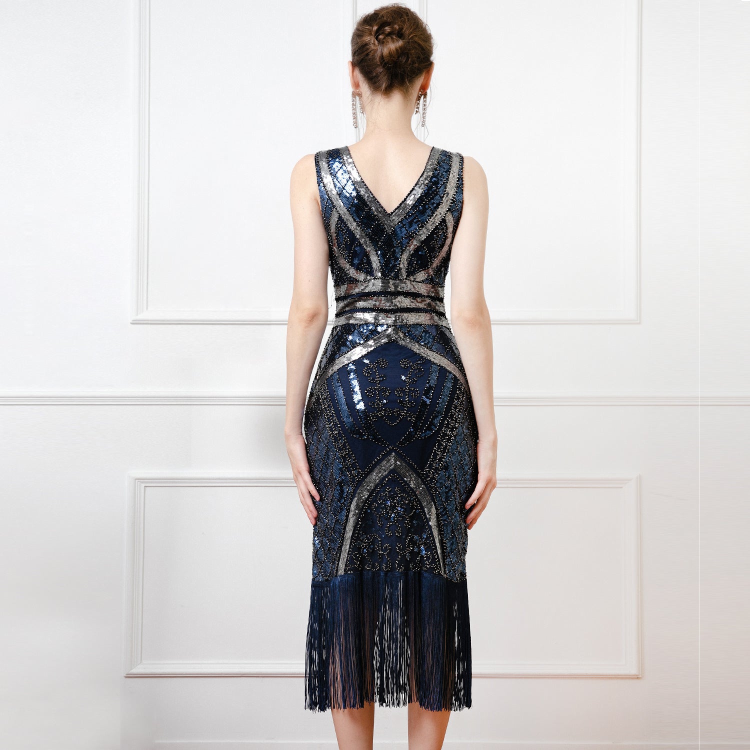 Sexy Sequined Deep V-neck Party Host Performance Wear Cocktail Party Sleeveless Mesh Dress