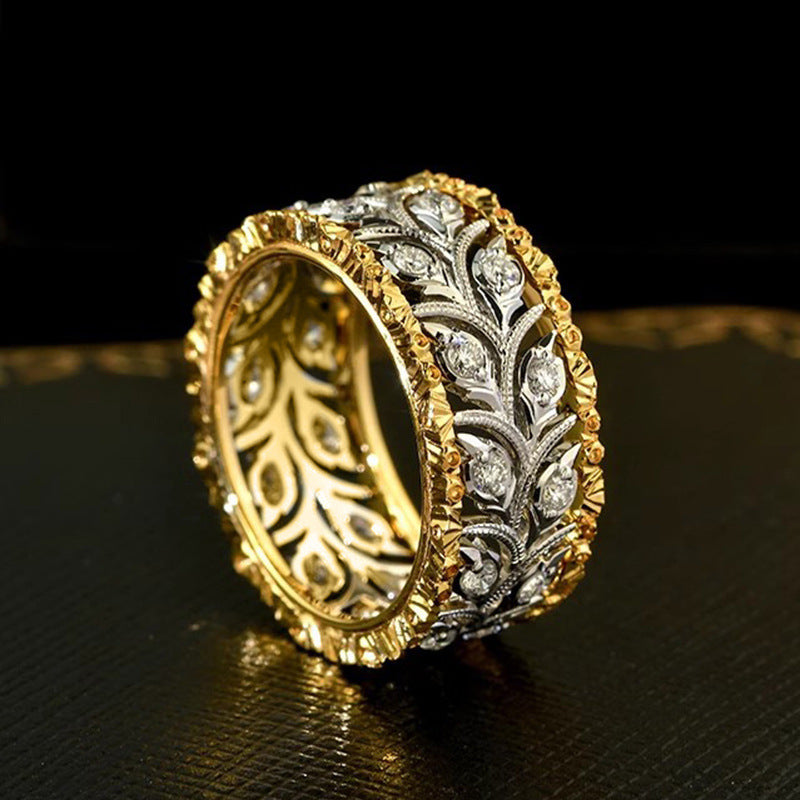 Two-tone Ring Wheat Leaves Delicate Ornament Inlaid Zircon Elegant