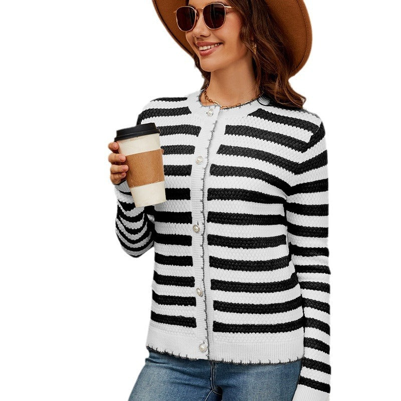 Women's Striped Sweater Button Knitted Cardigan