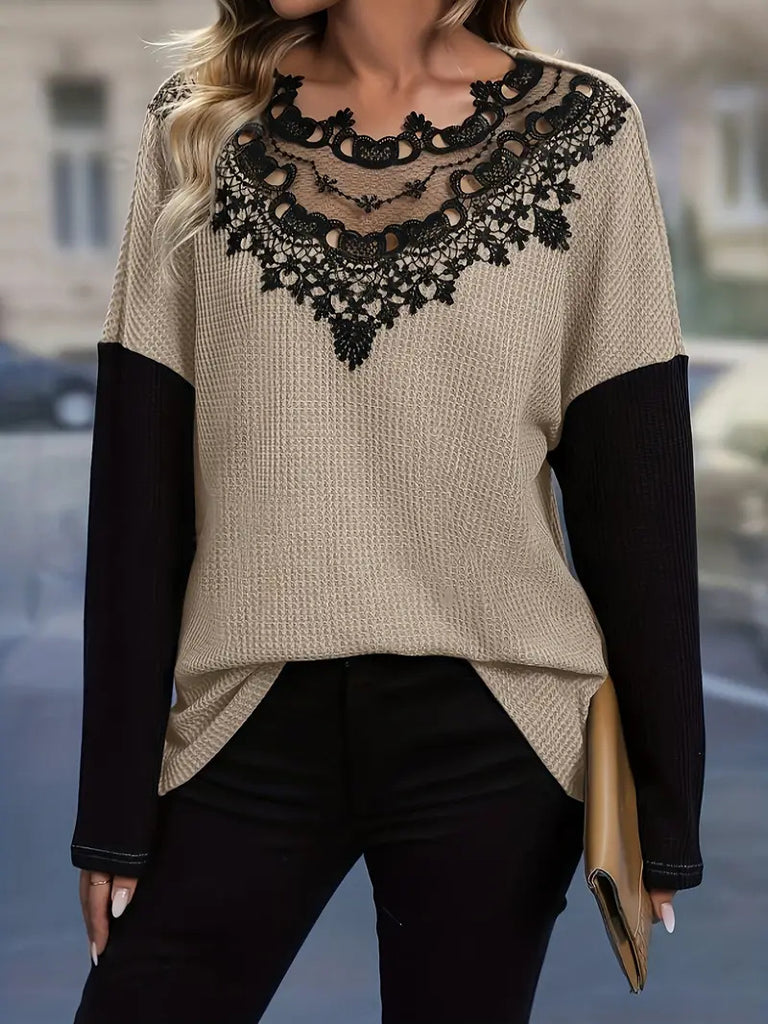 Trade Lace Stitching Hollow Loose Long Sleeve Top