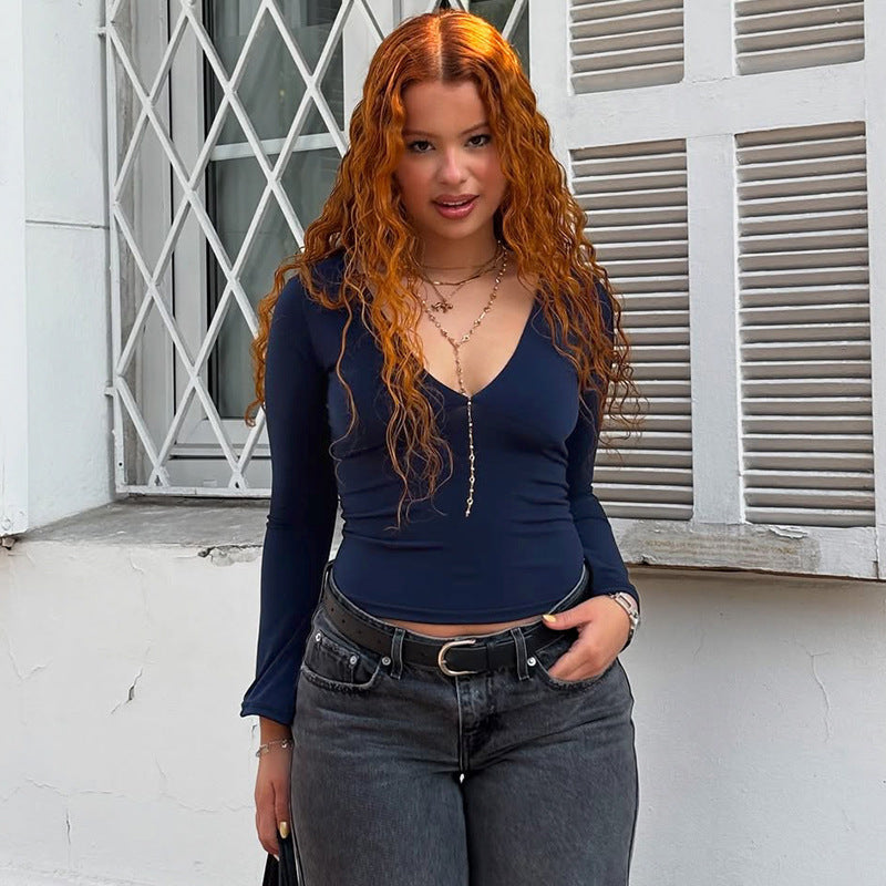 Sexy Deep V Midriff-baring Top Slim Fit All-matching Sweater