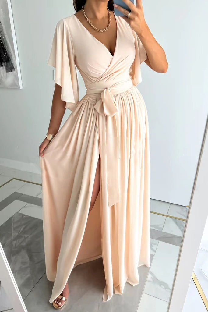 Solid Color Bell Sleeve Loose V-neck Mop Dress