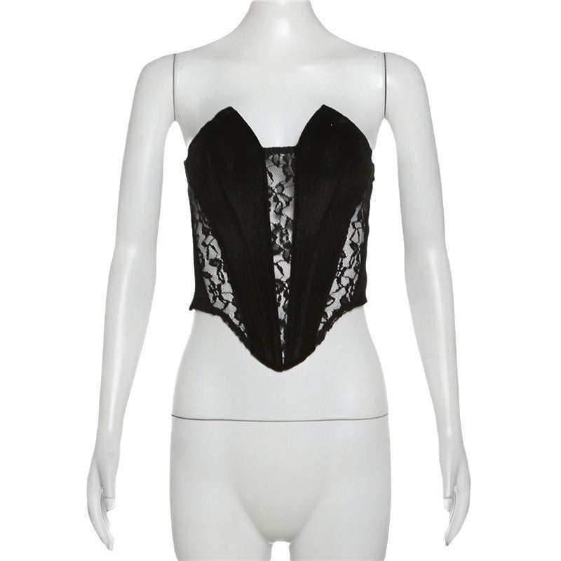 Sexy Cutout See-through Black Silk Off-the-shoulder Design Stitching Vest