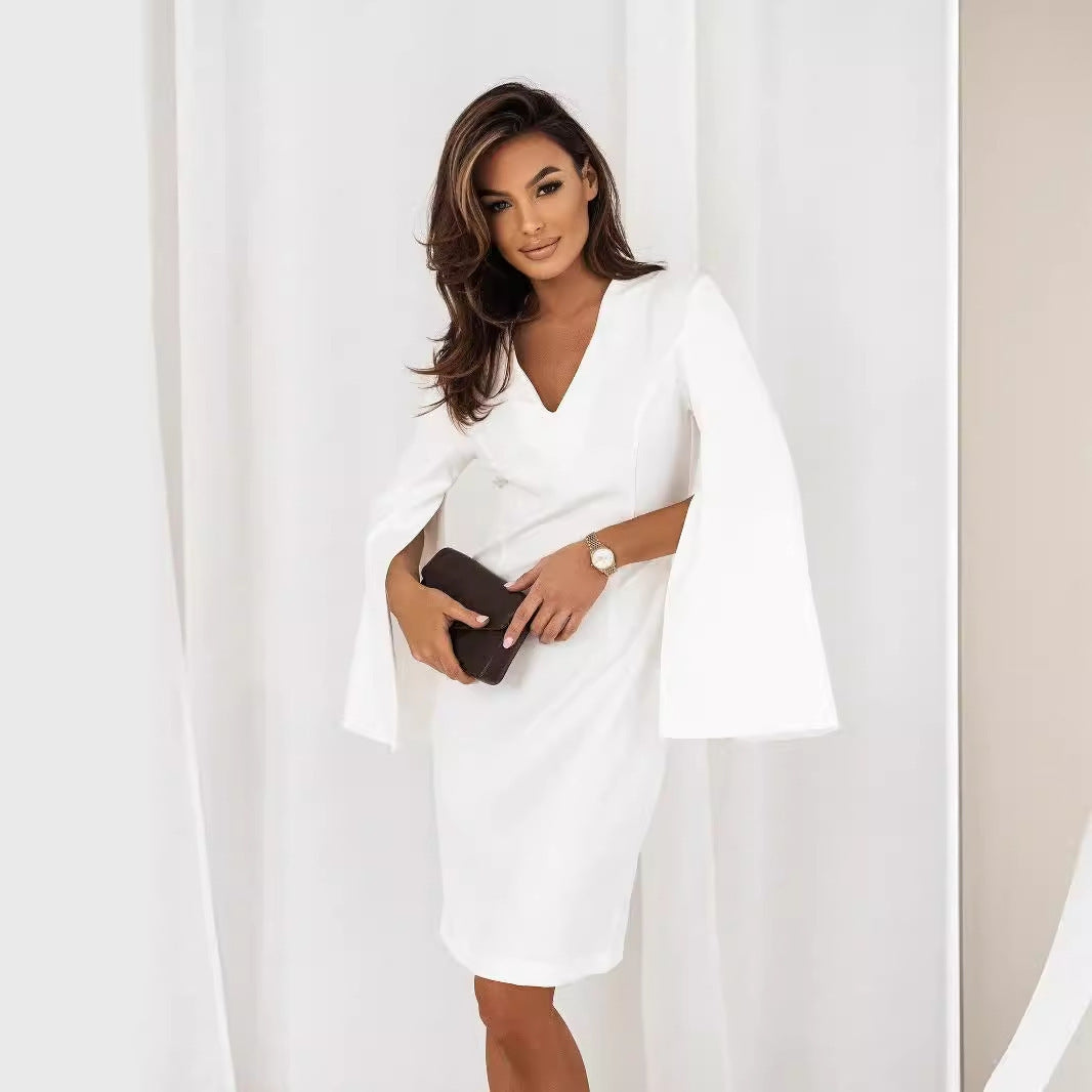 Fashionable With Side-slit Long Sleeve Solid Color Slim Dress For Women