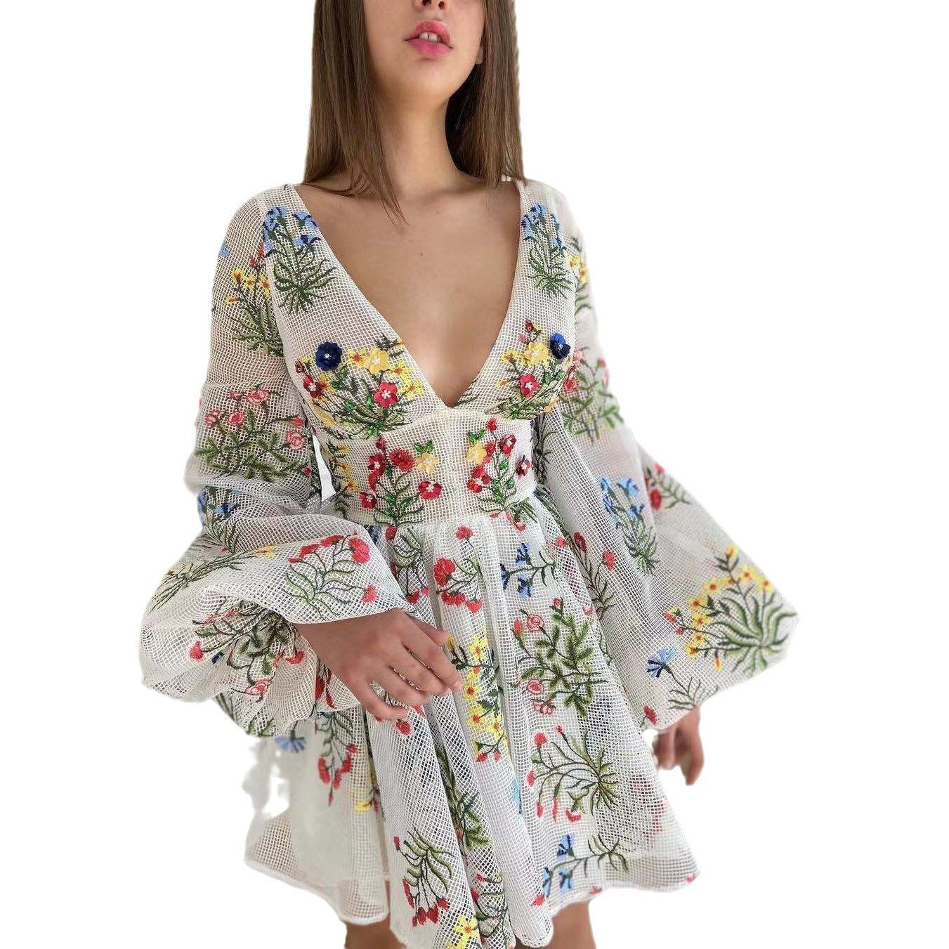 Women's Mesh Embroidery Design Lantern Sleeve Fairy Dress