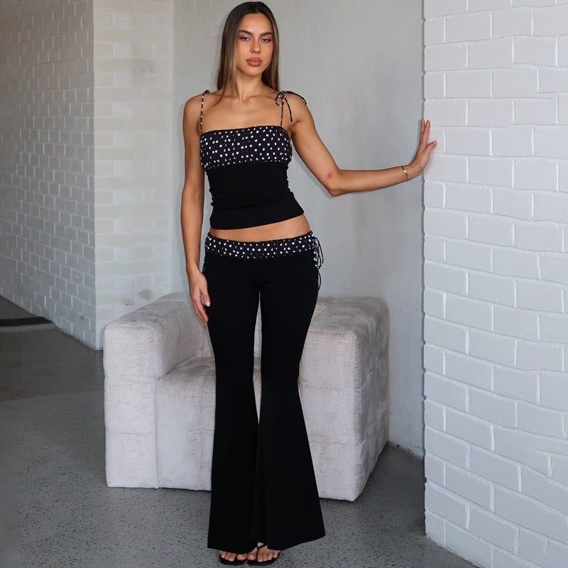 Fashion Polka-dot Self-tie Vest Slim-fit Low Waist Bootcut Pants Suit