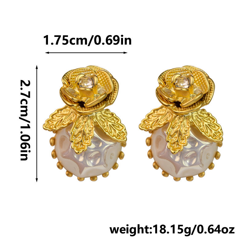 Silver Stud Rhinestone-encrusted Flower Irregular Pearl Earrings Elegant