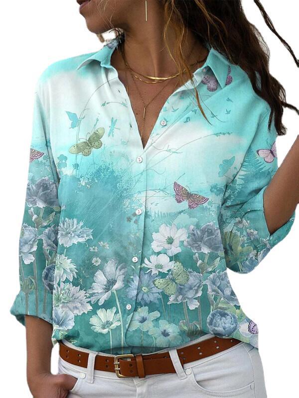 Women's Printed Long-sleeved Lapel Shirt