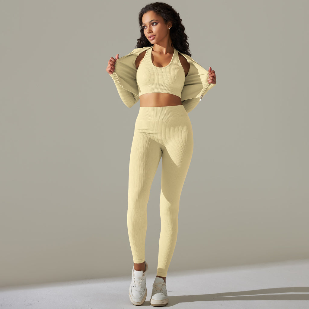 New Cross-border European And American Seamless Knitted Solid Color Thread Yoga Clothes Six-piece Sports Running Fitness Clothes Suit Women