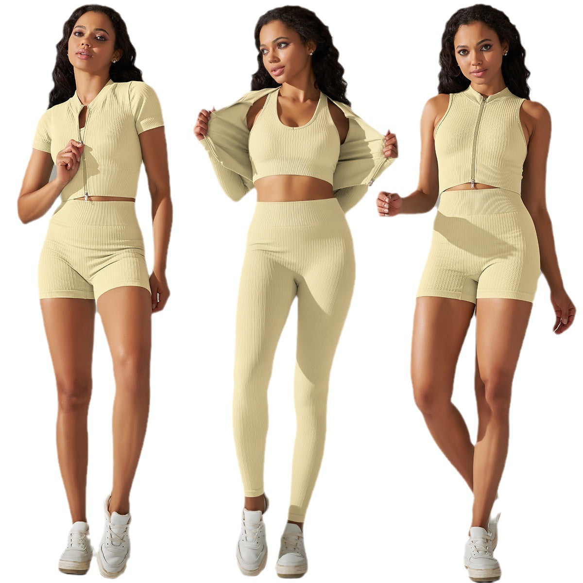 New Cross-border European And American Seamless Knitted Solid Color Thread Yoga Clothes Six-piece Sports Running Fitness Clothes Suit Women