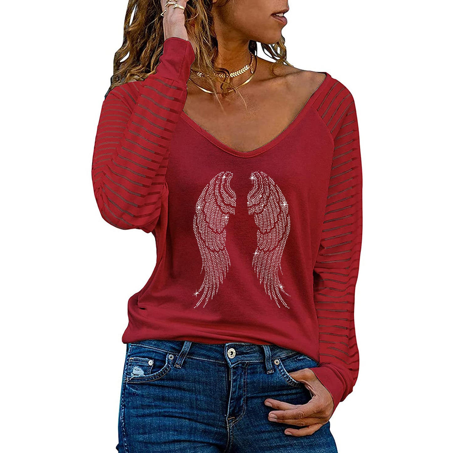 V-neck Stitching Transparent With Long Sleeves