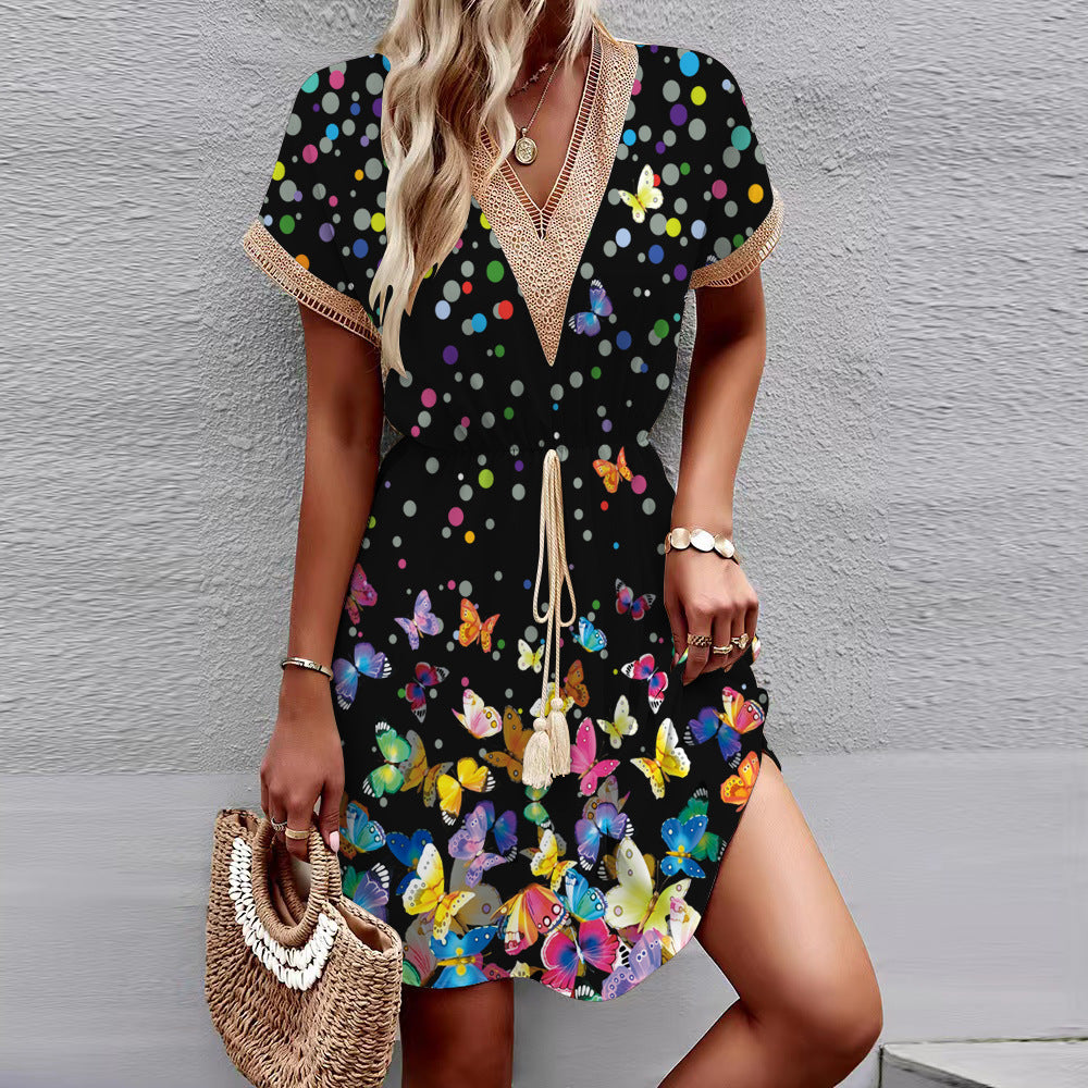 Printed Short Sleeve Lace V-neck Tight Waist Dress