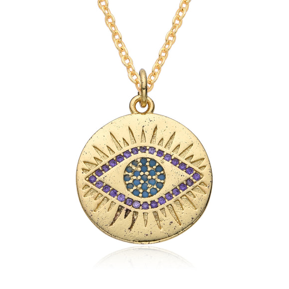 Micro-inlaid Colorful Crystals Bohemian Devil's Eye Disc Hanging Piece Pendant Necklace