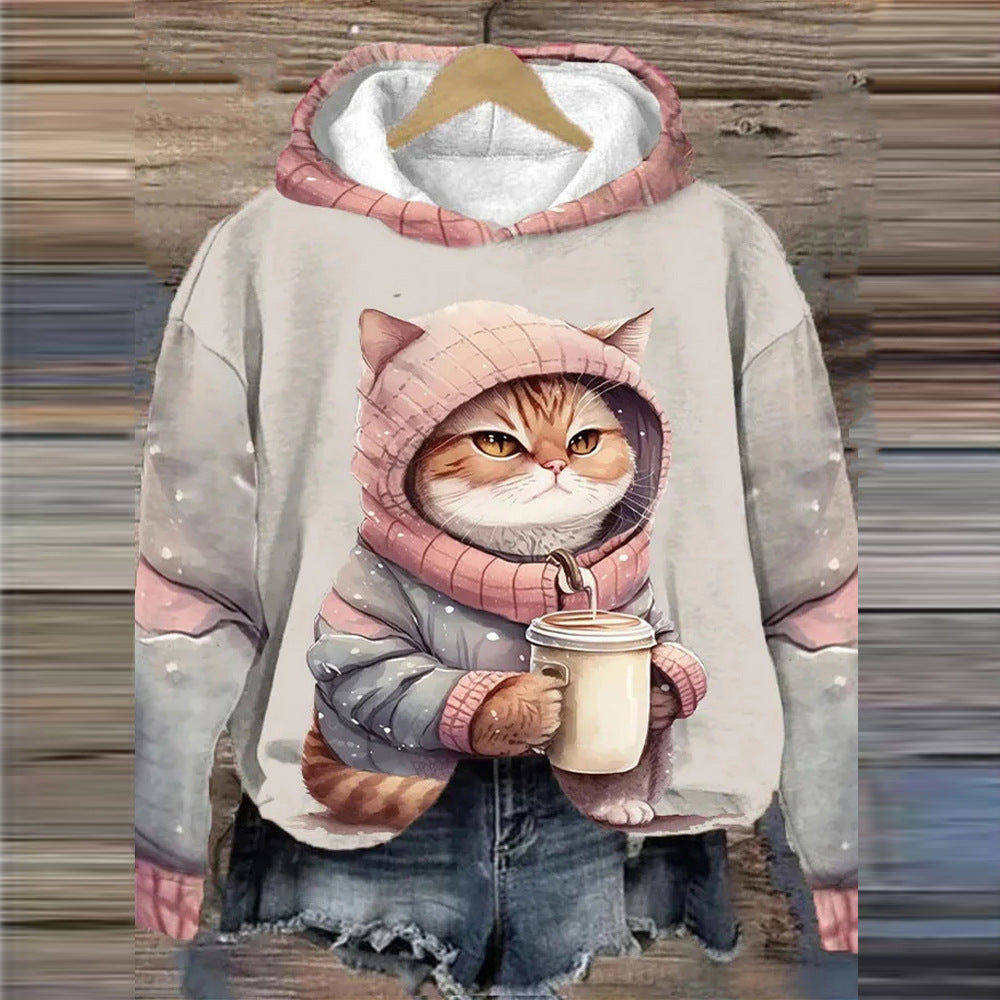 3D Printed Cat Pattern Sportswear Casual Hoodie Long Sleeve Top