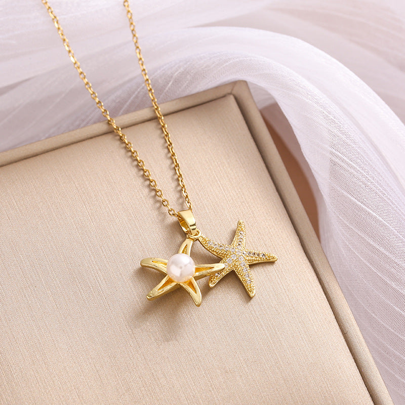 Full Rhinestone Zircon Sea Summer Star Pearl Pendant Titanium Steel Ladies Clavicle Chain