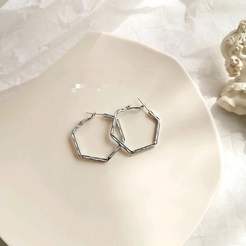 S925 Silver Geometric Hexagonal Circle Exaggerated Ear Clip