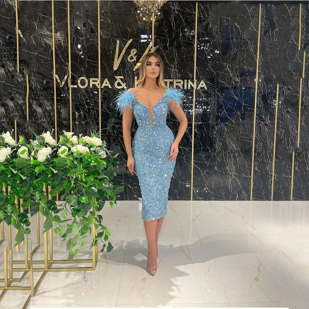 Deep V Sequined Sexy Feather Sequins Sleeveless Formal Dress