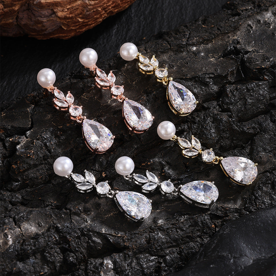 Fashion Leaves Zircon Water Drop Earrings Women