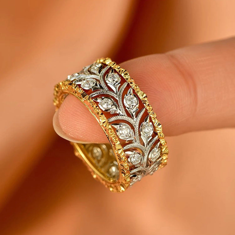 Two-tone Ring Wheat Leaves Delicate Ornament Inlaid Zircon Elegant