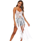Women's Pure Hand Crocheting Long Fringe Solid Color Beach Cover-up