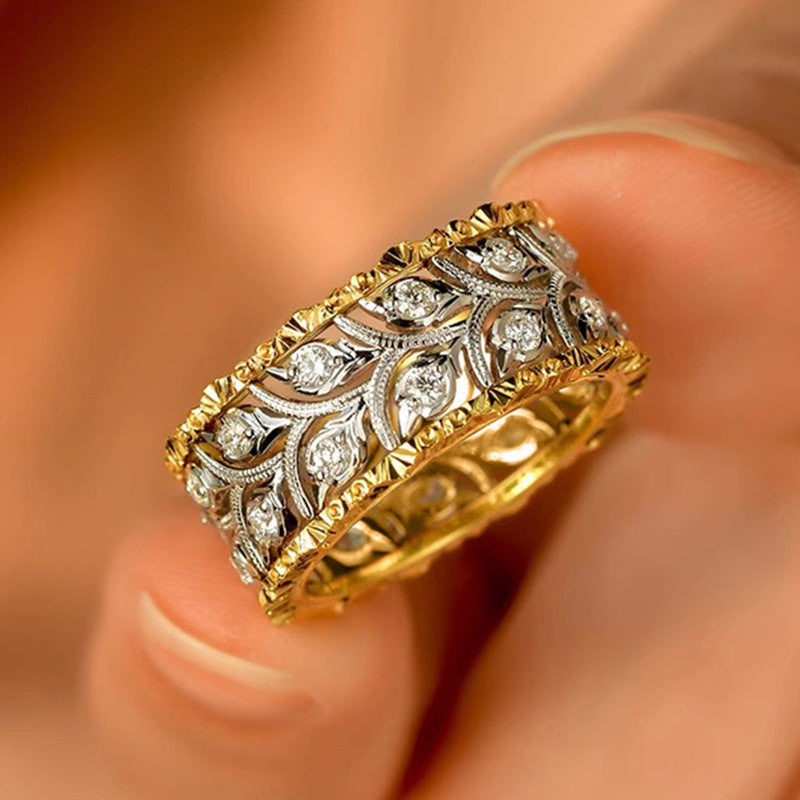 Two-tone Ring Wheat Leaves Delicate Ornament Inlaid Zircon Elegant