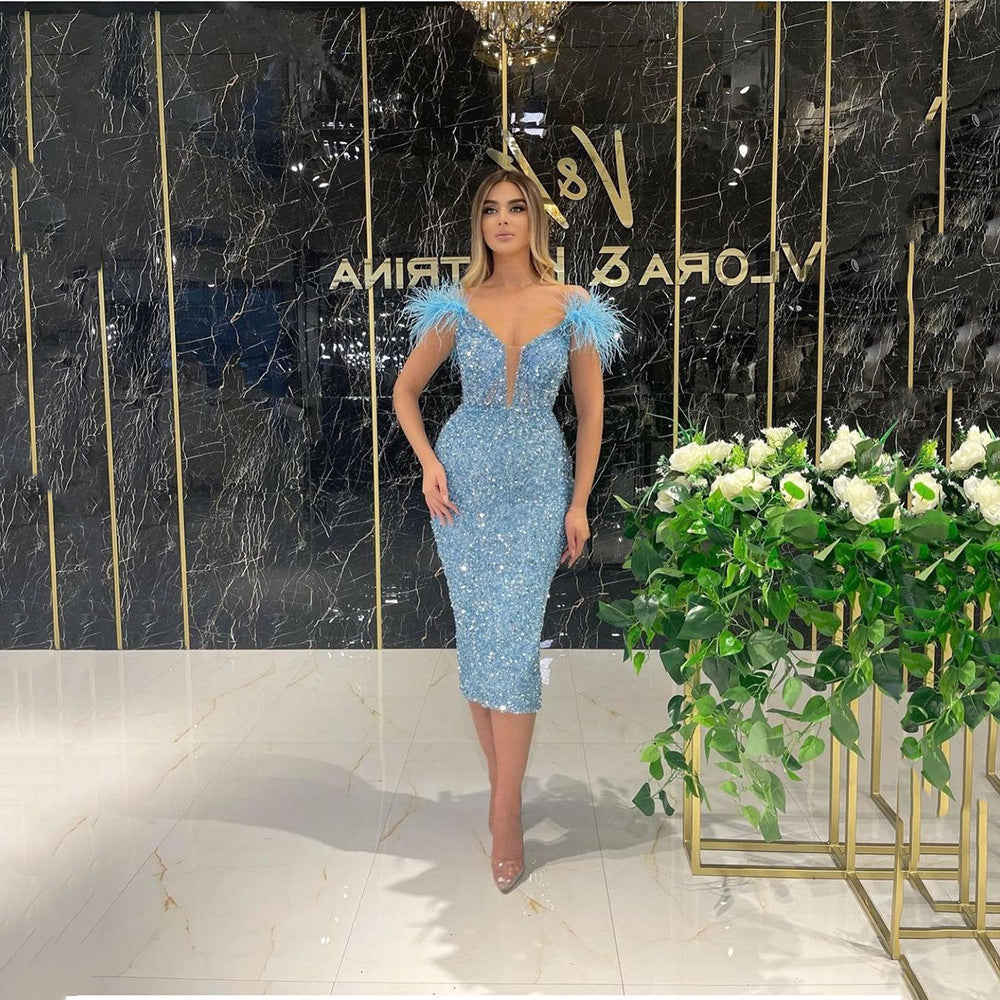 Deep V Sequined Sexy Feather Sequins Sleeveless Formal Dress