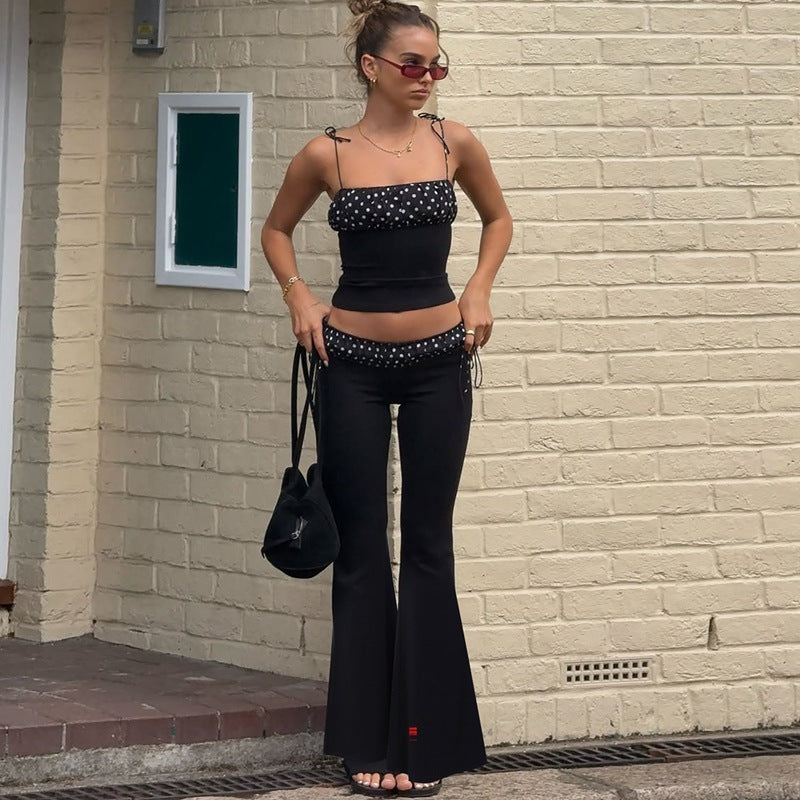 Fashion Polka-dot Self-tie Vest Slim-fit Low Waist Bootcut Pants Suit