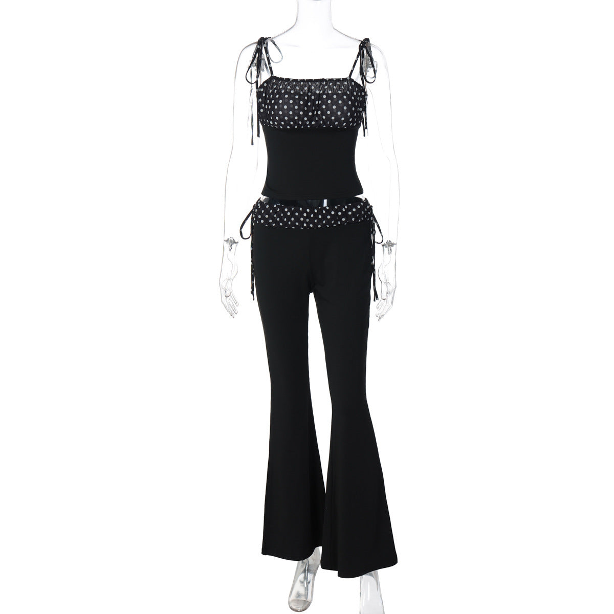 Fashion Polka-dot Self-tie Vest Slim-fit Low Waist Bootcut Pants Suit