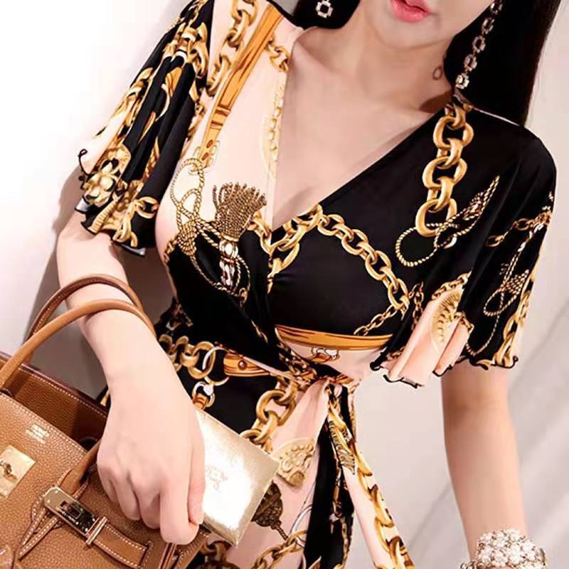 Printed Dress For Woman Elegant V-neck Gold Necklace Lace-up Waist